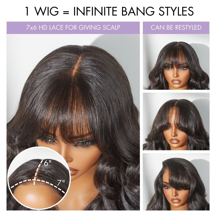 Jasperel Wig Loose Body Wave Glueless 7x6 Closure HD Lace Human Hair Wig with Bangs Pre-Cut Lace