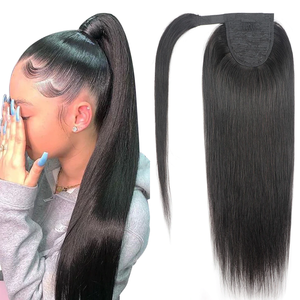 Jasperel Straight Wrap Around Ponytail Human Hair Extensions Natural Color Hairpiece