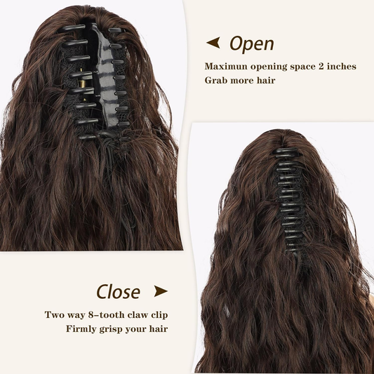 #4 Brown Water wave Claw Clip On Ponytail Extension Hair For Women Pony Tail Hair Hairpiece