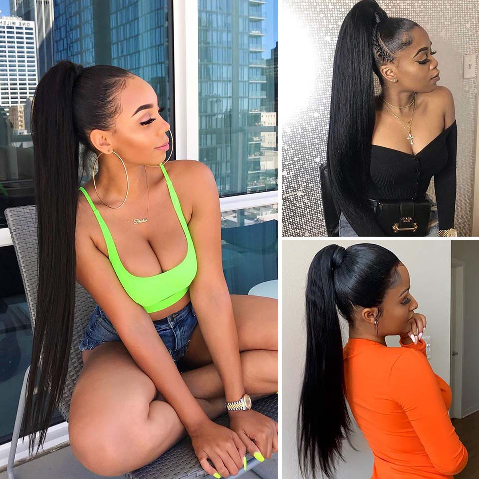 Jasperel Straight Wrap Around Ponytail Human Hair Extensions Natural Color Hairpiece