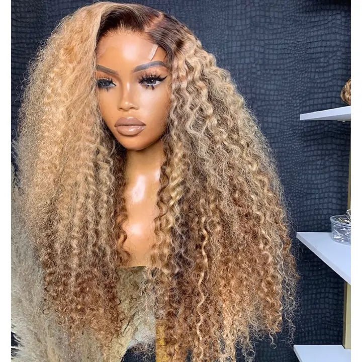 Honey Blonde Highlight Curly 13x4 Lace Front Human Hair Wigs Colored Glueless Wigs