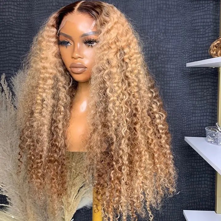 Honey Blonde Highlight Curly 13x4 Lace Front Human Hair Wigs Colored Glueless Wigs