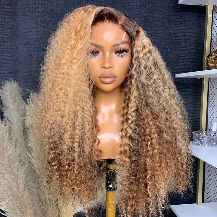 Honey Blonde Highlight Curly 13x4 Lace Front Human Hair Wigs Colored Glueless Wigs