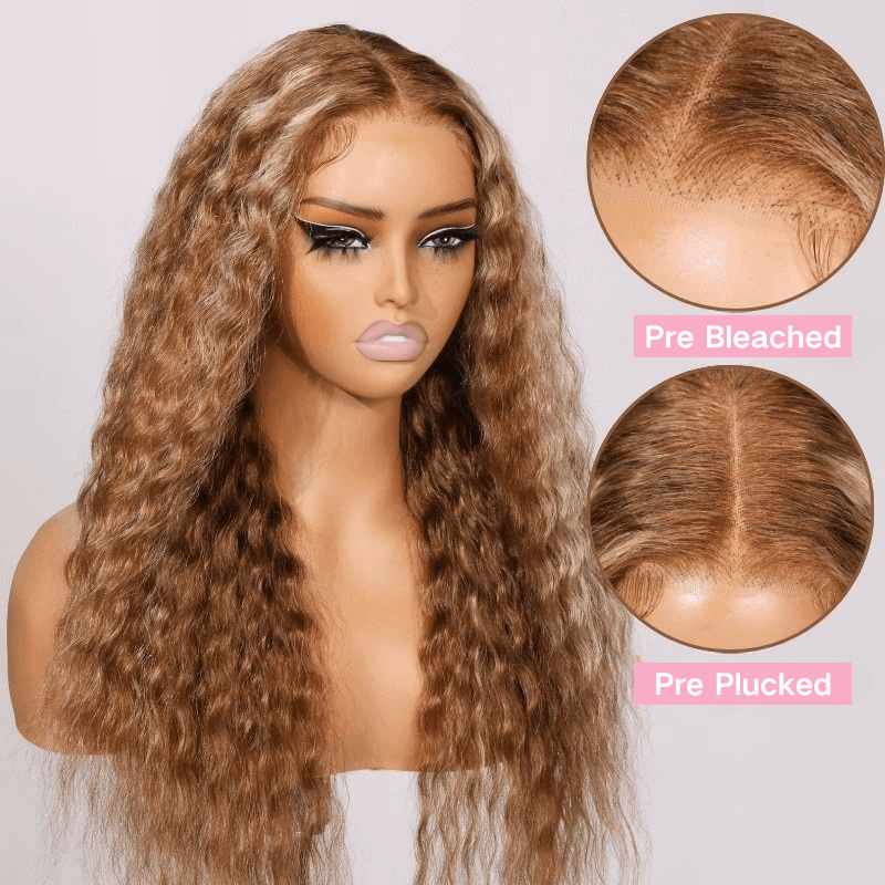 Honey Blonde Highlight Water Wave 13x4 Lace Front / 6x4 Pre Cut Lace Human Hair HD Lace Wig For Women