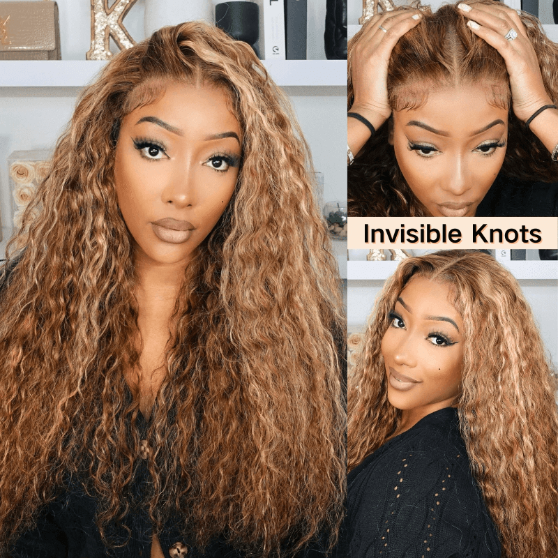 Honey Blonde Highlight Water Wave 13x4 Lace Front / 6x4 Pre Cut Lace Human Hair HD Lace Wig For Women