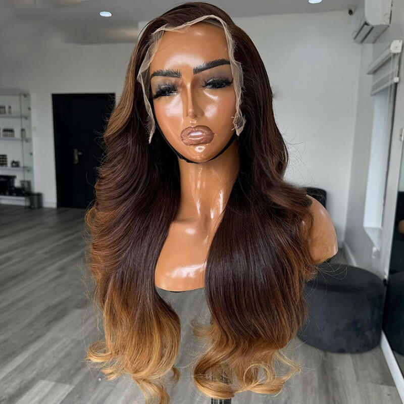 Skunk Stripe Brown with Honey Blonde Highlights Lace Frontal Body Wave Human Hair Wig Curling Iron Styled Lace Wigs For Black Women EW013