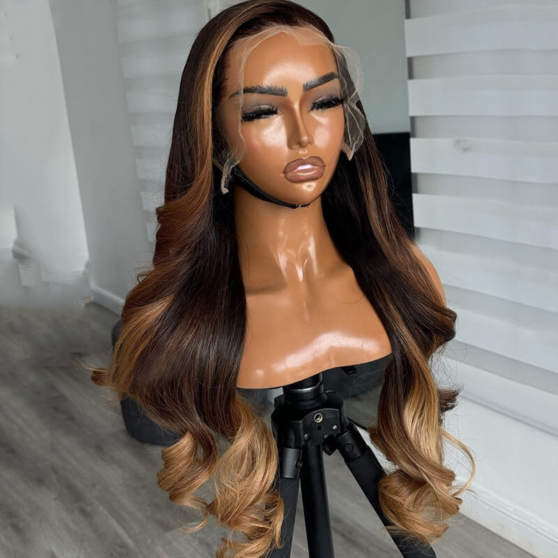 Skunk Stripe Brown with Honey Blonde Highlights Lace Frontal Body Wave Human Hair Wig Curling Iron Styled Lace Wigs For Black Women EW013