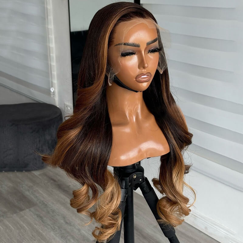 Skunk Stripe Brown with Honey Blonde Highlights Lace Frontal Body Wave Human Hair Wig Curling Iron Styled Lace Wigs For Black Women EW013