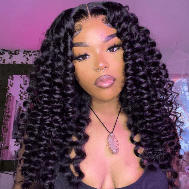 Glueless Bouncy Curly Hair 13x4 Transparent Lace Front Wig Pre Plucked Hairline Wand Curl Human Hair