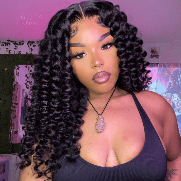 Glueless Bouncy Curly Hair 13x4 Transparent Lace Front Wig Pre Plucked Hairline Wand Curl Human Hair