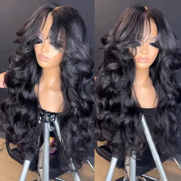 Full 250% Density Loose Body Wave Human Hair Wigs 13x4 Ocean Wave Lace Front Wigs with Curtain Bangs