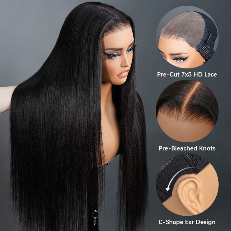 Yaki Straight 7x5 Glueless Lace Invisible Knots Put On and Go Invisi Drawstring Human Hair Wigs