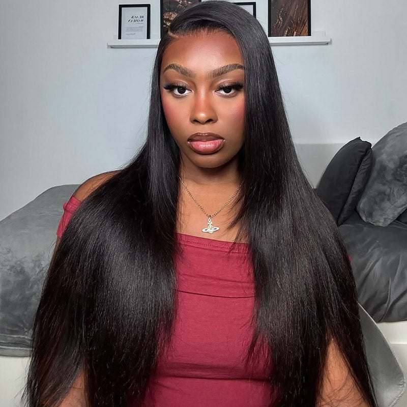 Ready To Wear Glueless Wigs Upgrade Yaki Straight Flexi-Fit Drawstring Half Wig With Invisible Hairline