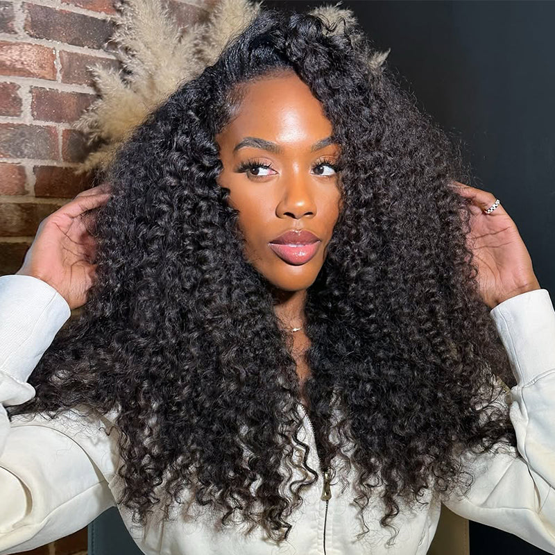 Kinky Curly Half Wig Seamless Ready To Wear Wigs With Invisible Drawstring Flip Over Glueless Wig Beginner Friendly