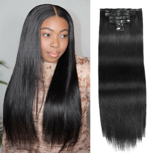 Silky Straight Hair Real Human Hair Clip in Hair Extensions With Seamless Edge Natural Black Color 9pcs / 7pcs