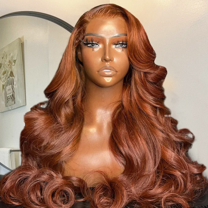 PPB™ HD Lace Glueless Human Hair Wigs Loose Body Wave Wig Dark Copper Ginger Brown Colored Wigs With Invisible Knots