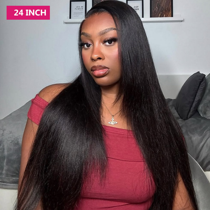 Ready To Wear Glueless Wigs Upgrade Yaki Straight Flexi-Fit Drawstring Half Wig With Invisible Hairline