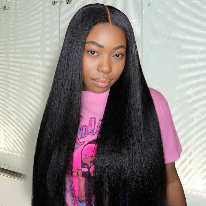 Ready To Wear Glueless Wigs Upgrade Yaki Straight Flexi-Fit Drawstring Half Wig With Invisible Hairline