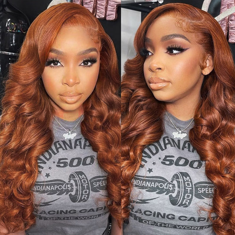 PPB™ HD Lace Glueless Human Hair Wigs Loose Body Wave Wig Dark Copper Ginger Brown Colored Wigs With Invisible Knots