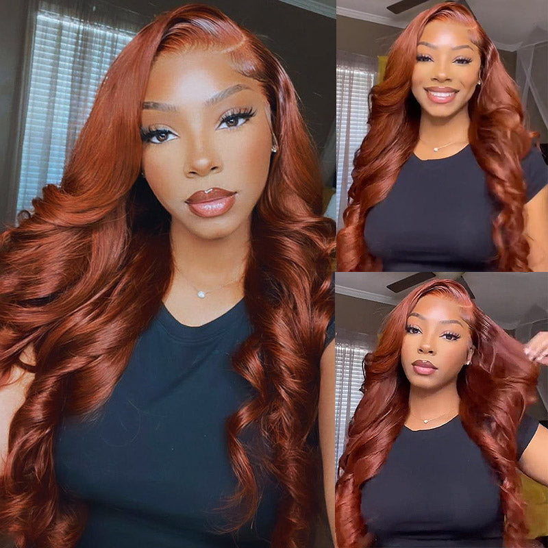 PPB™ HD Lace Glueless Human Hair Wigs Loose Body Wave Wig Dark Copper Ginger Brown Colored Wigs With Invisible Knots
