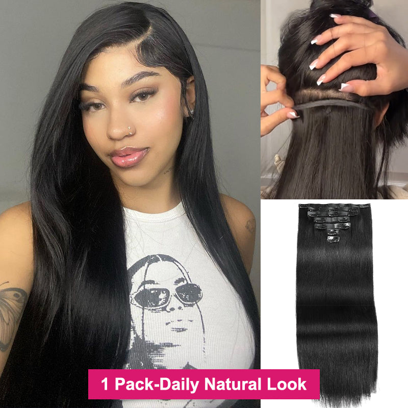 Silky Straight Hair Real Human Hair Clip in Hair Extensions With Seamless Edge Natural Black Color 9pcs / 7pcs