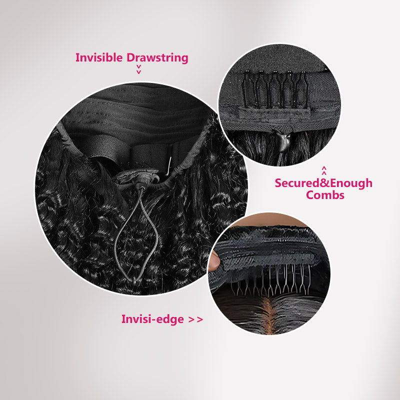 Ready To Wear Glueless Wigs Upgrade Yaki Straight Flexi-Fit Drawstring Half Wig With Invisible Hairline