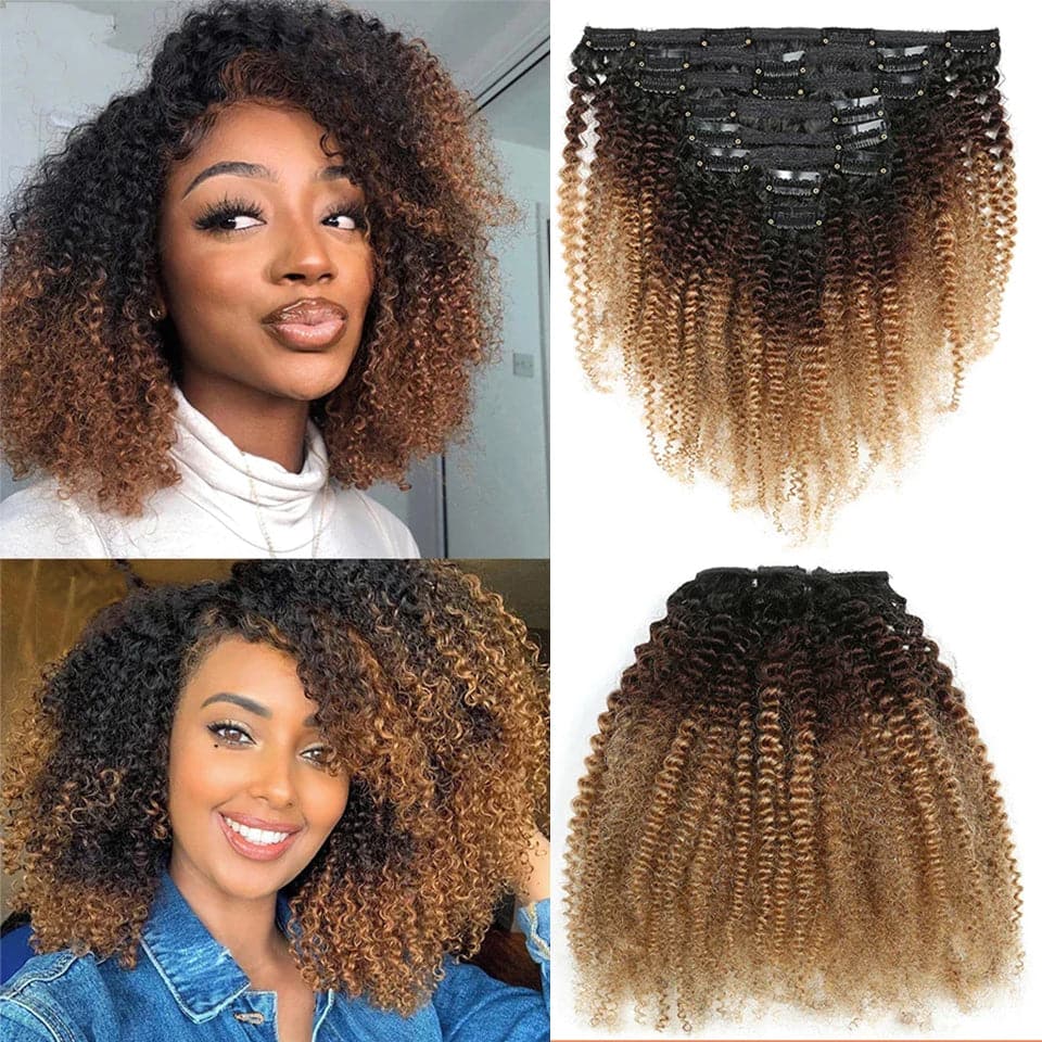 Jasperel 1B/4/27 color Afro curly Clip In Human Hair Extensions 8 Pieces/Set 120G