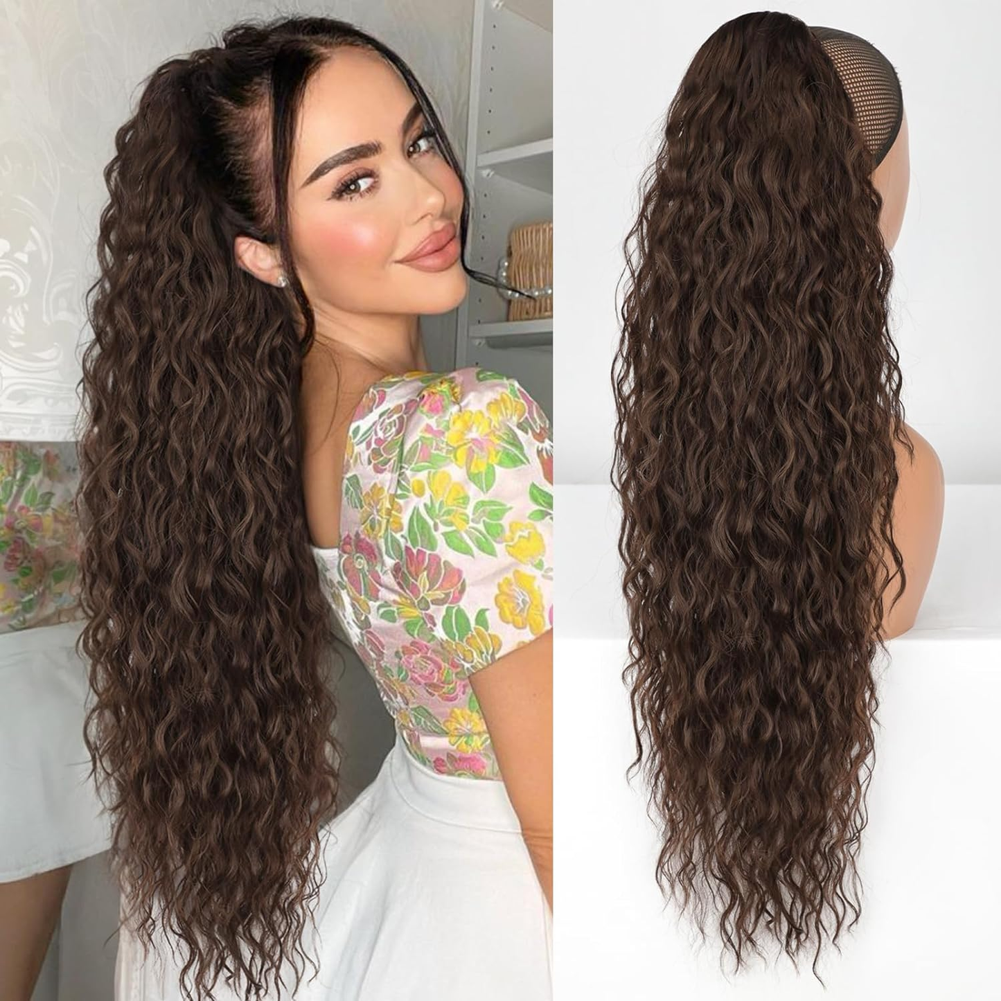 #4 Brown Water wave  Claw Clip On Ponytail Extension Hair For Women Pony Tail Hair Hairpiece