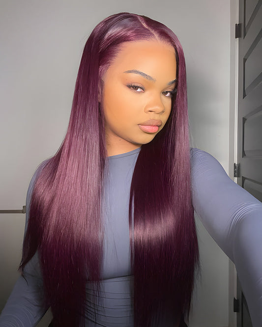 Dark Purple Plum Color Straight 13x4/5x6 Lace Frontal Human Hair Wigs
