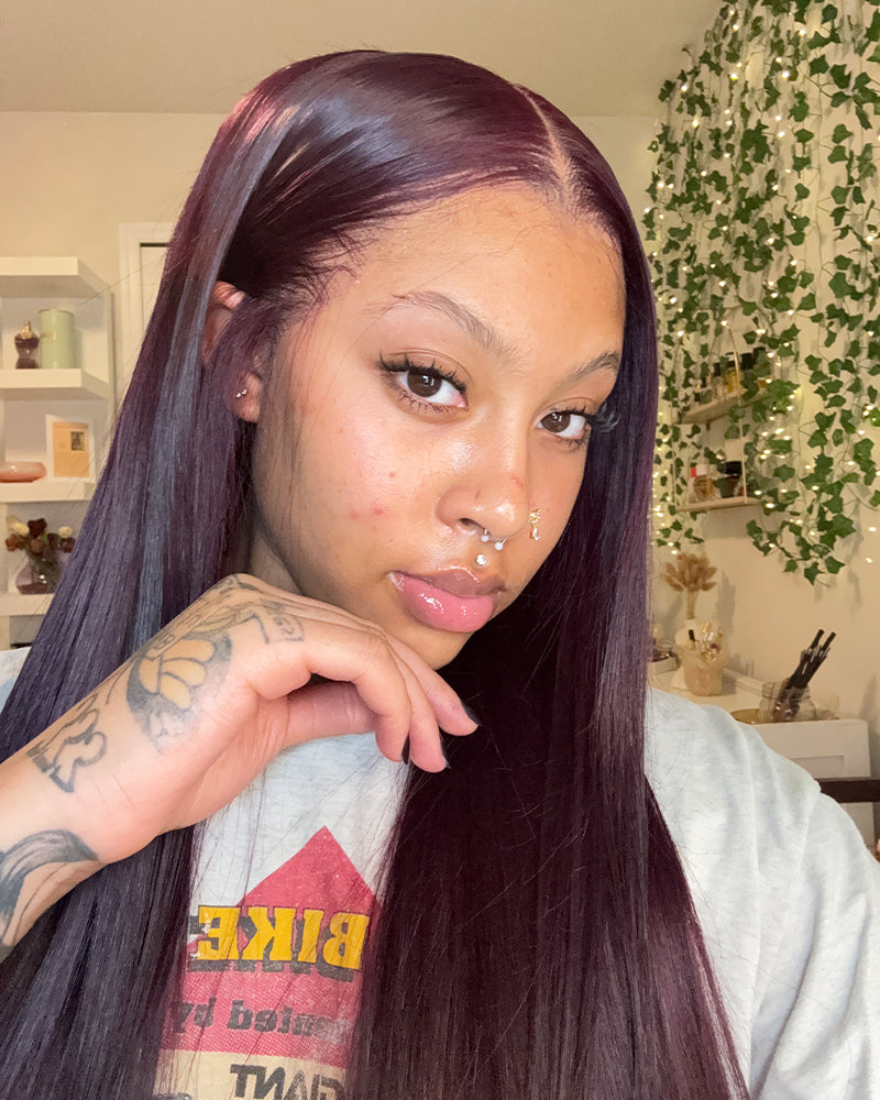 Dark Purple Plum Color Straight 13x4/5x6 Lace Frontal Human Hair Wigs