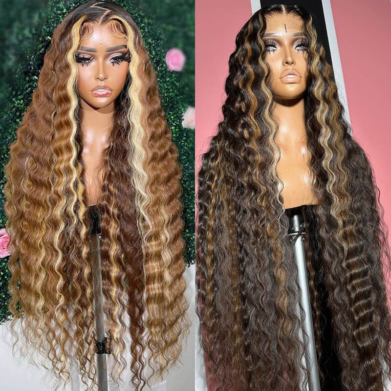 Brown with Blonde Highlight Crimped Wavy Wig With Curling Iron Skunk Stripe Human Hair Lace Frontal Wig