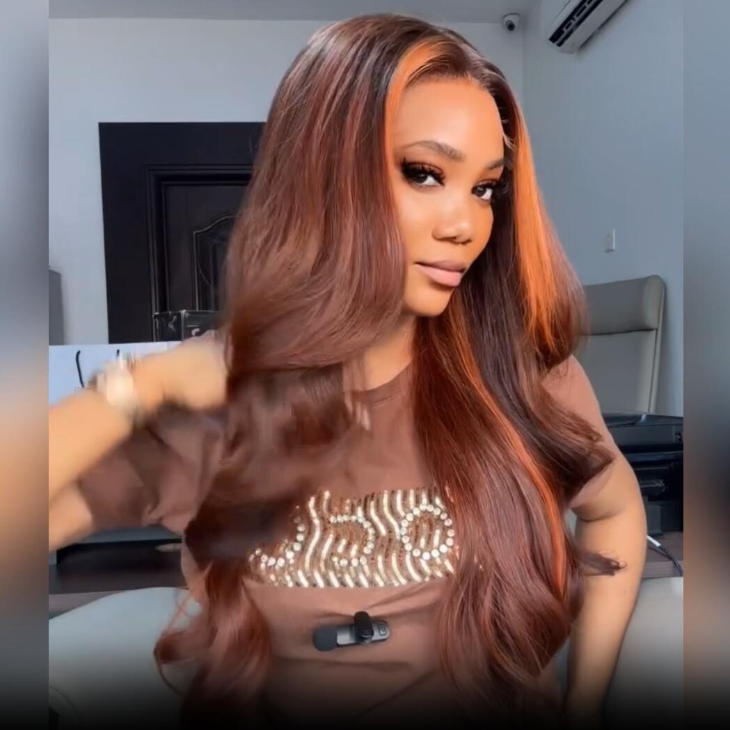 Dark Brown Highlight Body Wave HD Lace Front Wig Copper Color Face Frame Highlights Human Hair Wigs