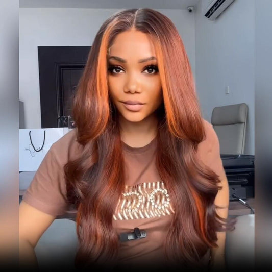 Dark Brown Highlight Body Wave HD Lace Front Wig Copper Color Face Frame Highlights Human Hair Wigs