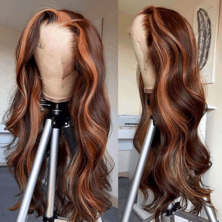 Dark Brown Highlight Body Wave HD Lace Front Wig Copper Color Face Frame Highlights Human Hair Wigs