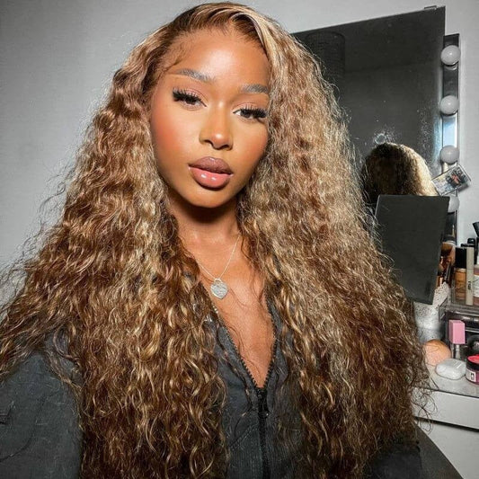 Honey Blonde Highlight Water Wave 13x4 Lace Front / 6x4 Pre Cut Lace Human Hair HD Lace Wig For Women