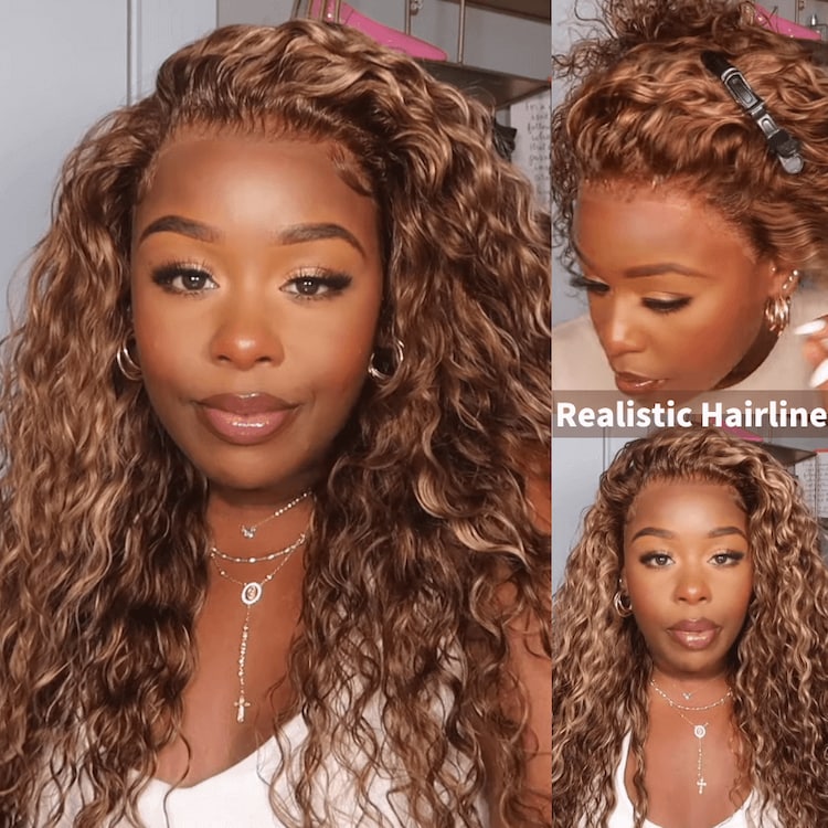 Honey Blonde Highlight Water Wave 13x4 Lace Front / 6x4 Pre Cut Lace Human Hair HD Lace Wig For Women