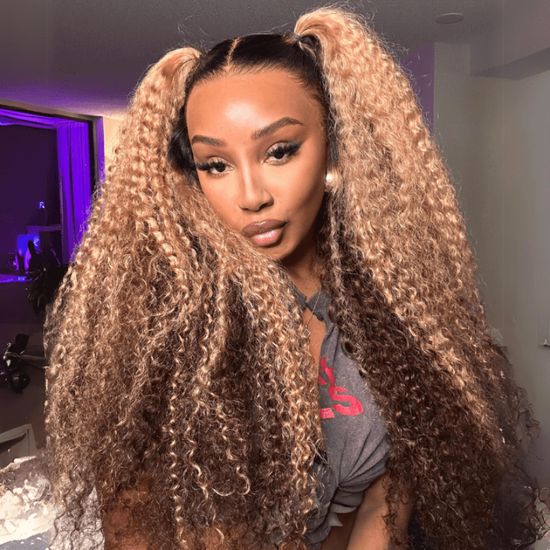 Honey Blonde Highlight Curly 13x4 Lace Front Human Hair Wigs Colored Glueless Wigs