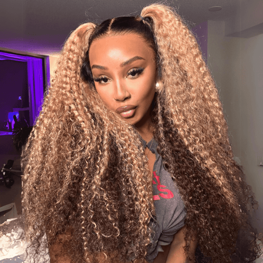 Honey Blonde Highlight Curly 13x4 Lace Front Human Hair Wigs Colored Glueless Wigs