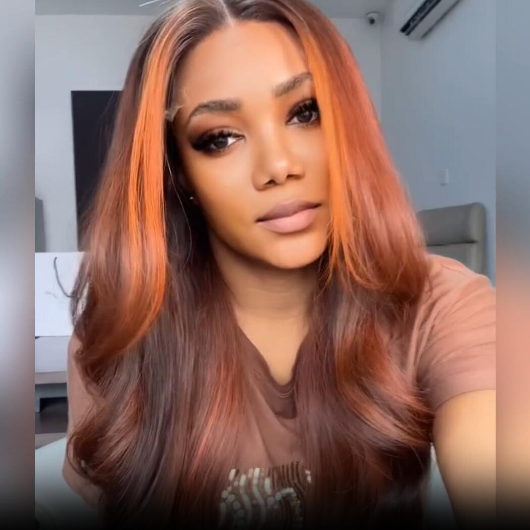 Dark Brown Highlight Body Wave HD Lace Front Wig Copper Color Face Frame Highlights Human Hair Wigs