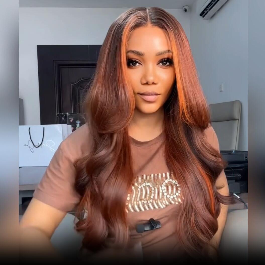 Dark Brown Highlight Body Wave HD Lace Front Wig Copper Color Face Frame Highlights Human Hair Wigs
