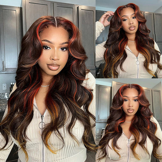Jasperel Multi Colored Lace Front Wig Brown with Mixed Orange Yellow Human Hair Wig Body Wave Glueless Wig( EW009 )