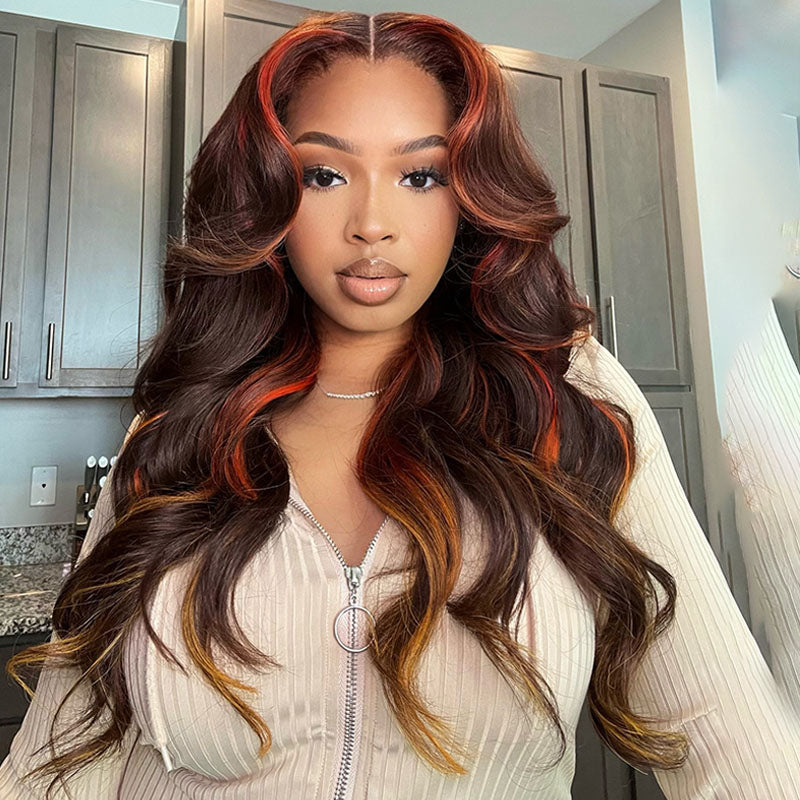 Jasperel Multi Colored Lace Front Wig Brown with Mixed Orange Yellow Human Hair Wig Body Wave Glueless Wig( EW009 )