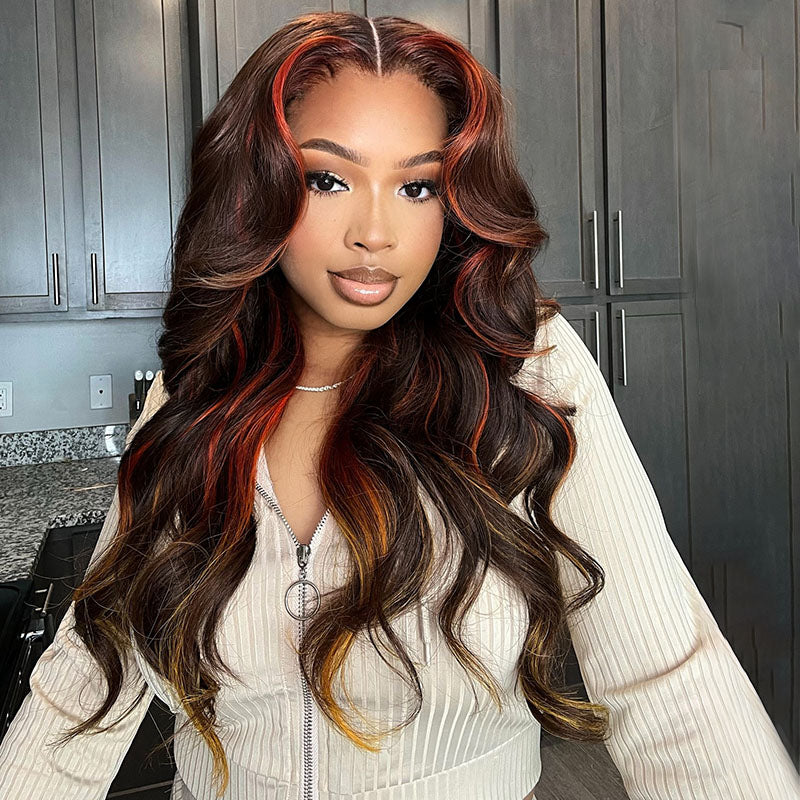 Jasperel Multi Colored Lace Front Wig Brown with Mixed Orange Yellow Human Hair Wig Body Wave Glueless Wig( EW009 )