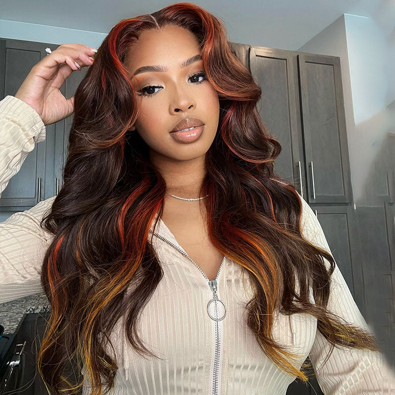 Jasperel Multi Colored Lace Front Wig Brown with Mixed Orange Yellow Human Hair Wig Body Wave Glueless Wig( EW009 )