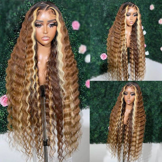Brown with Blonde Highlight Crimped Wavy Wig With Curling Iron Skunk Stripe Human Hair Lace Frontal Wig