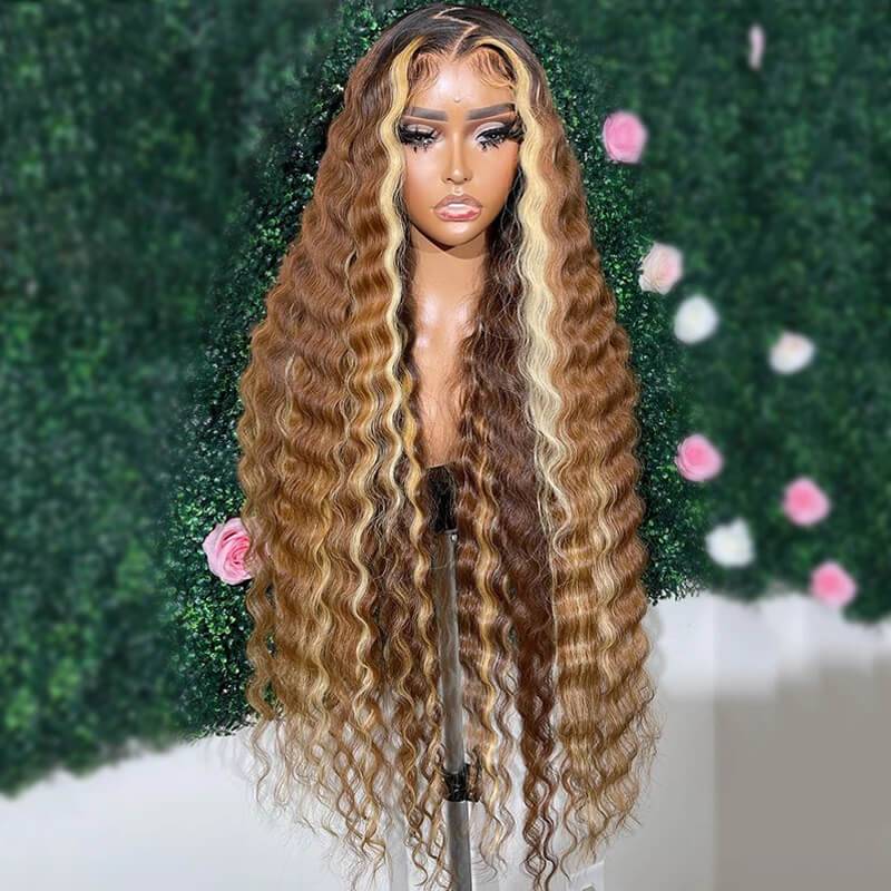 Brown with Blonde Highlight Crimped Wavy Wig With Curling Iron Skunk Stripe Human Hair Lace Frontal Wig