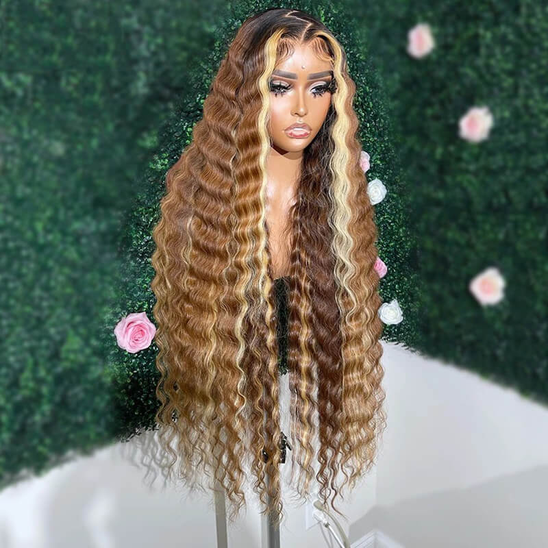 Brown with Blonde Highlight Crimped Wavy Wig With Curling Iron Skunk Stripe Human Hair Lace Frontal Wig