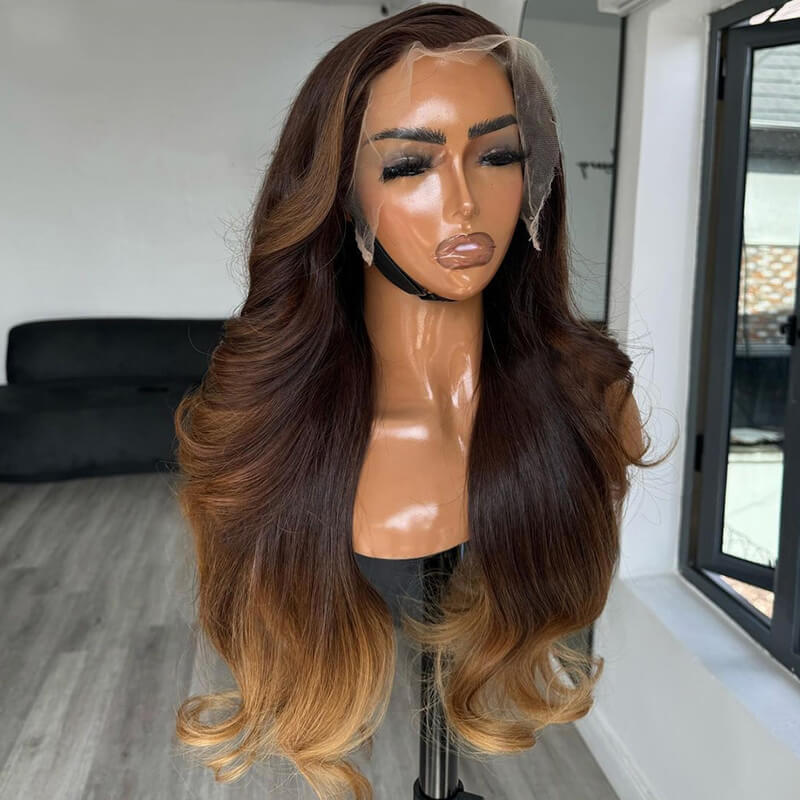 Skunk Stripe Brown with Honey Blonde Highlights Lace Frontal Body Wave Human Hair Wig Curling Iron Styled Lace Wigs For Black Women EW013