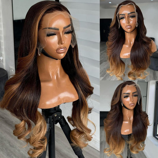 Skunk Stripe Brown with Honey Blonde Highlights Lace Frontal Body Wave Human Hair Wig Curling Iron Styled Lace Wigs For Black Women EW013