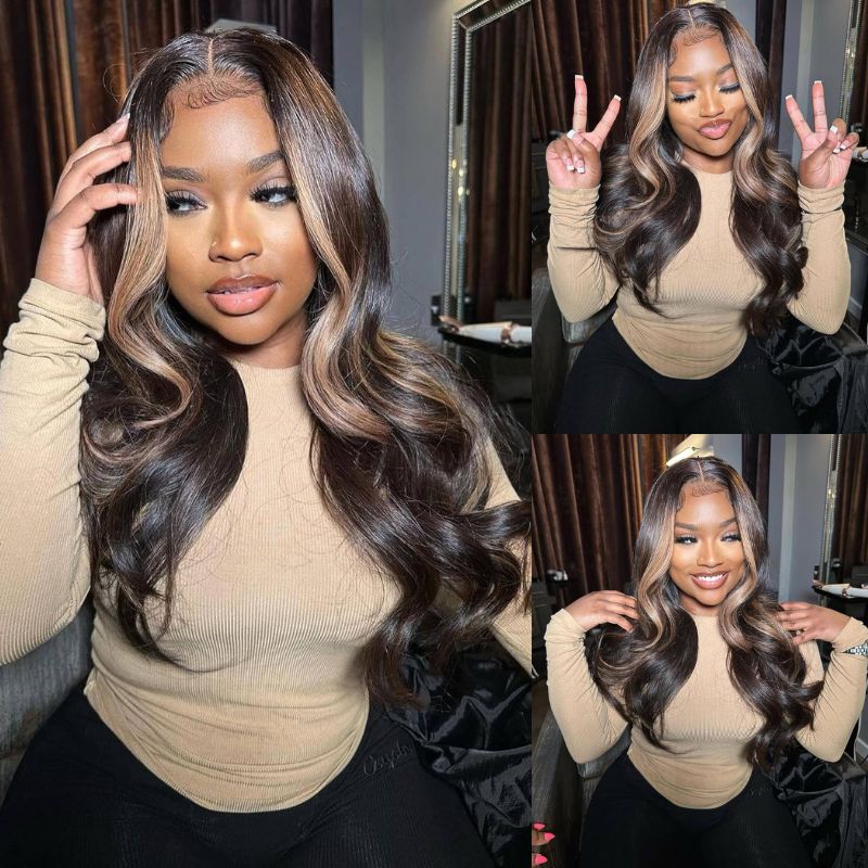 Money Piece Brown Body Wave HD Transparent Lace Front Wigs Glueless Skunk Stripe Color Human Hair Wigs